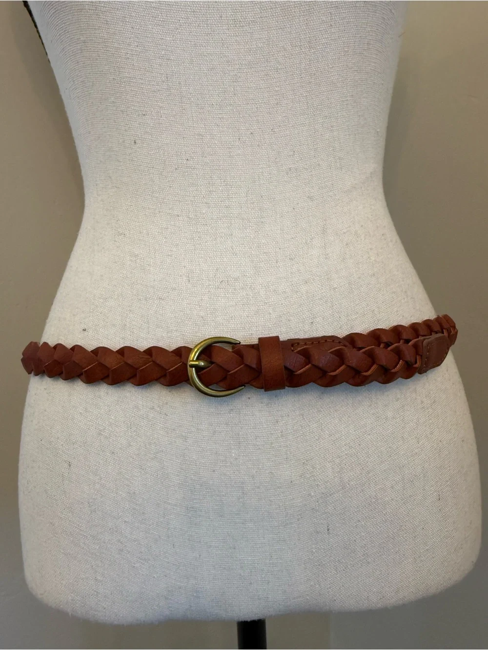 Braided Faux Leather Belt Brown Woven Adjustable Brass Tone Buckle Boho